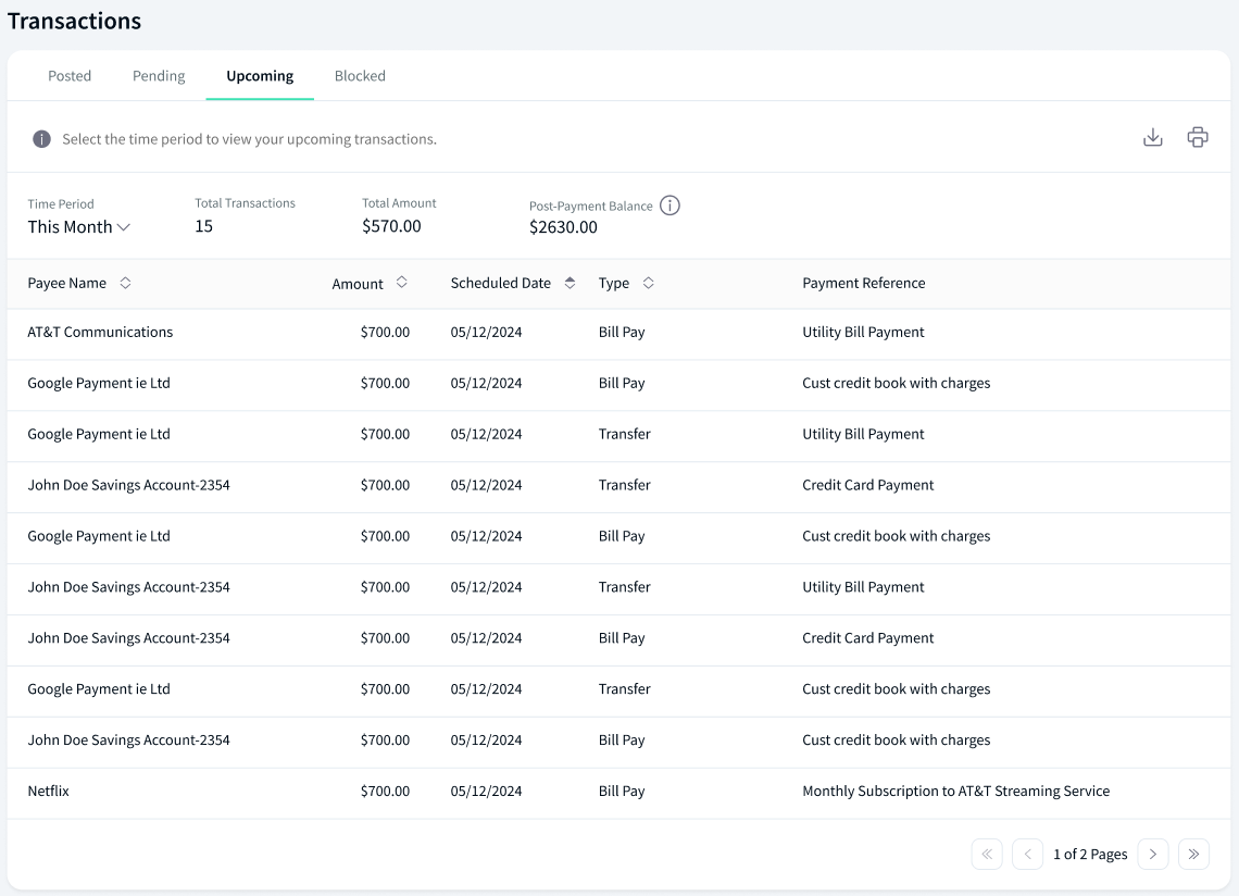 Upcoming Transactions - List