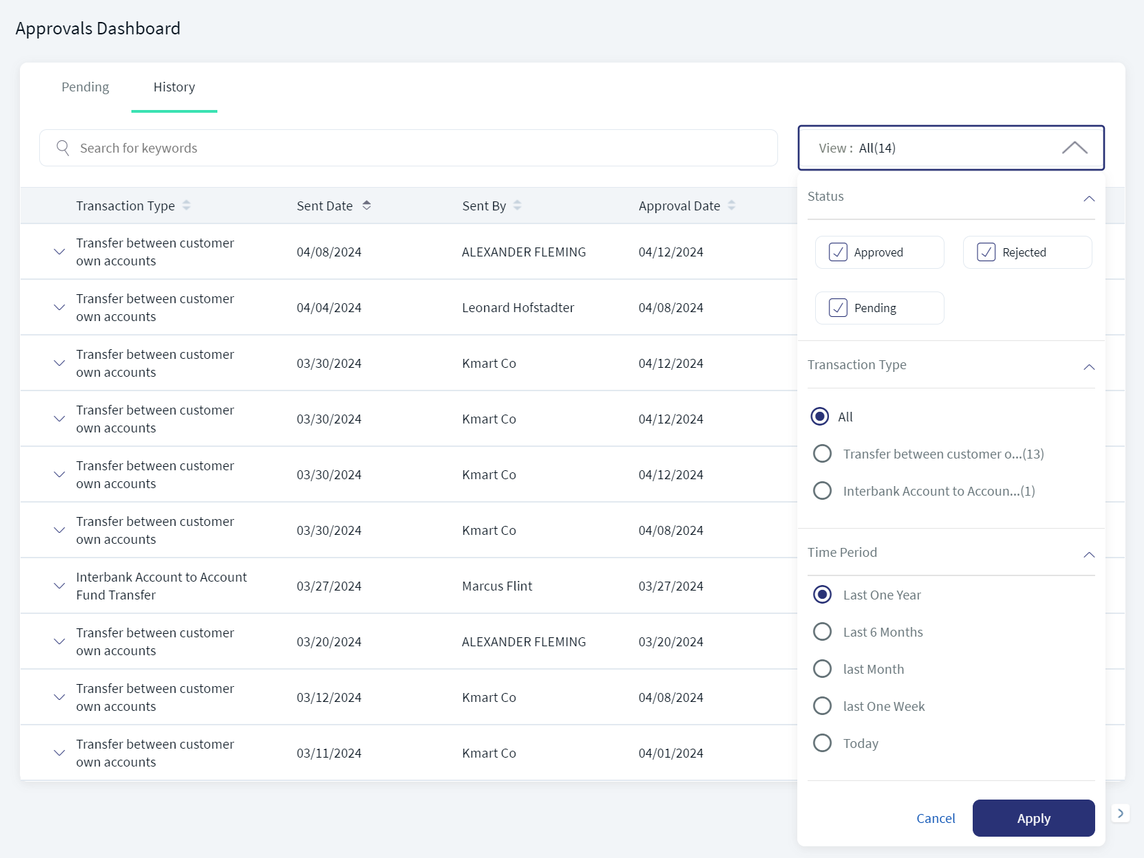 Approval History Filter Search