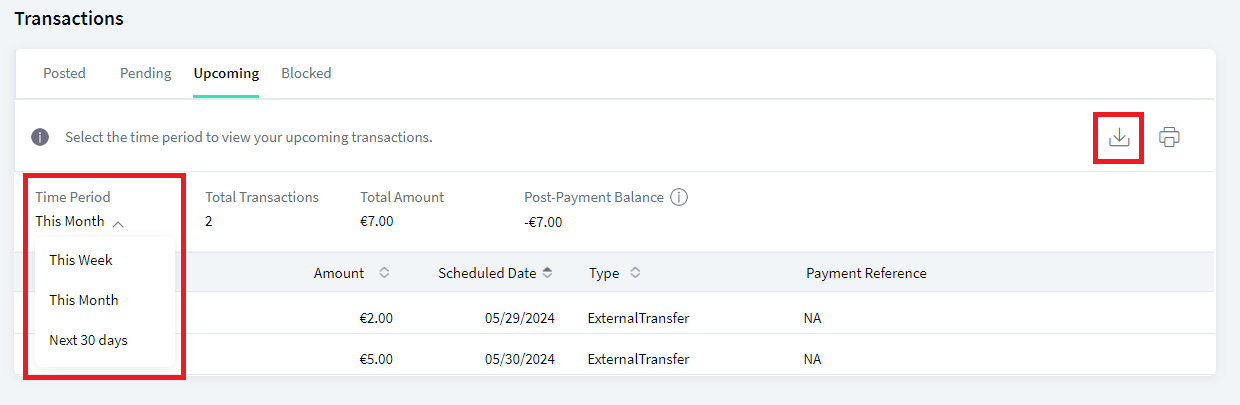 Upcoming Transactions - List