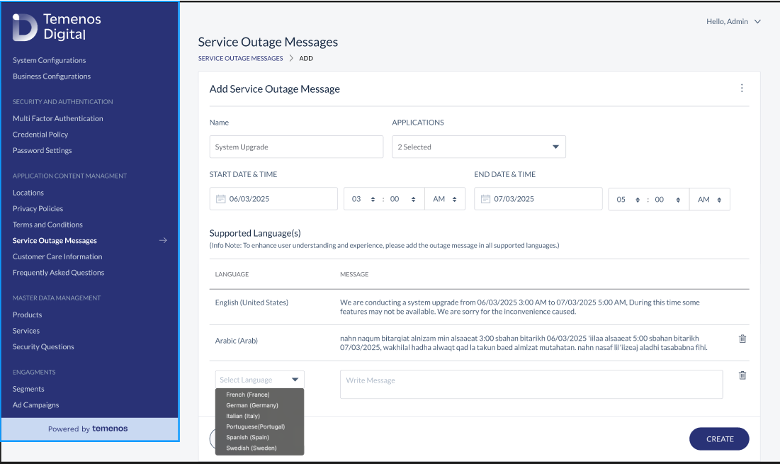 Add Service Outage Message