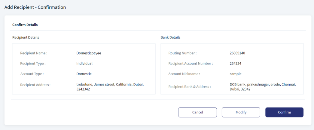 Wire Transfer - Add Recipient Confirmation
