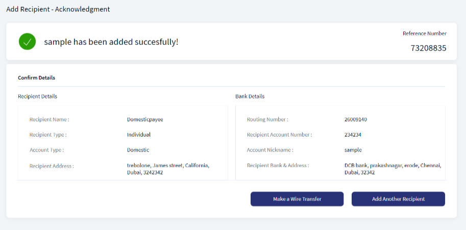 Wire Transfer - Add Recipient Acknowledgement