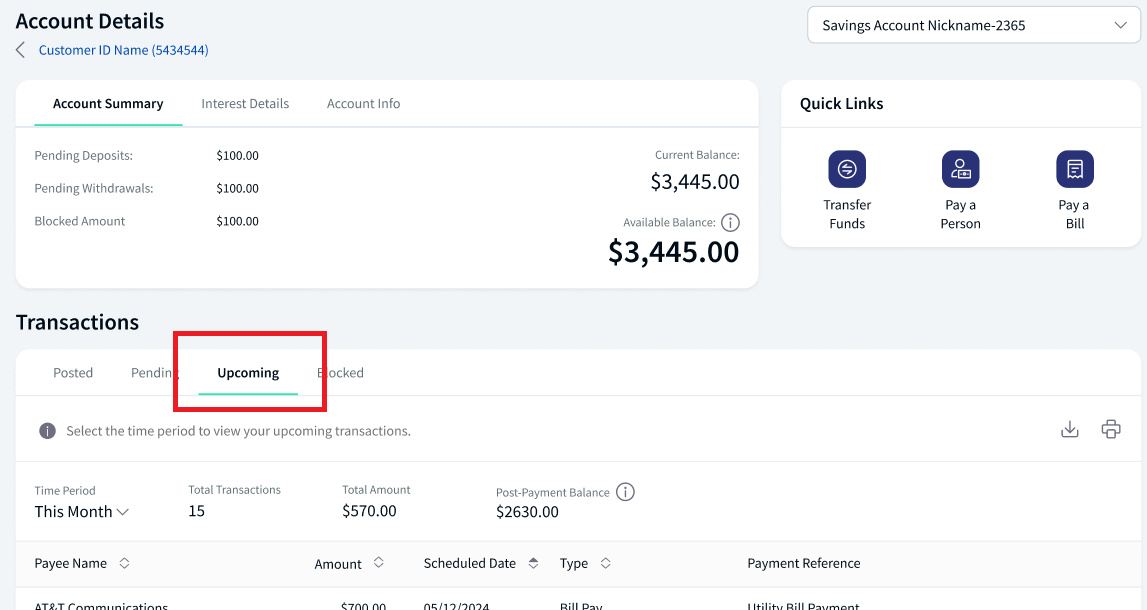 Upcoming Transactions