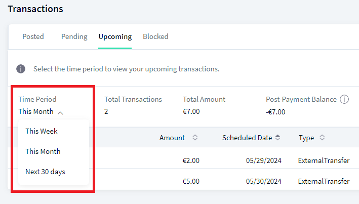 Upcoming Transactions - List