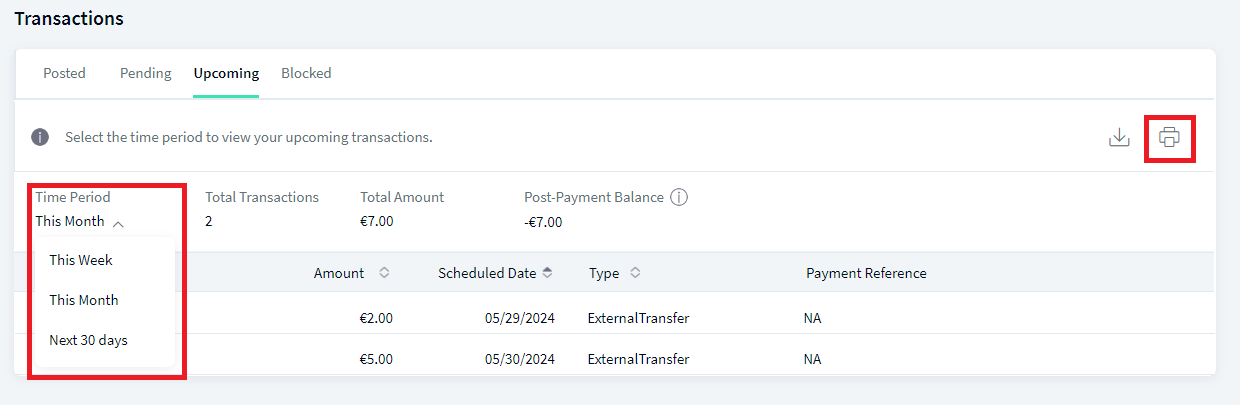Upcoming Transactions - List