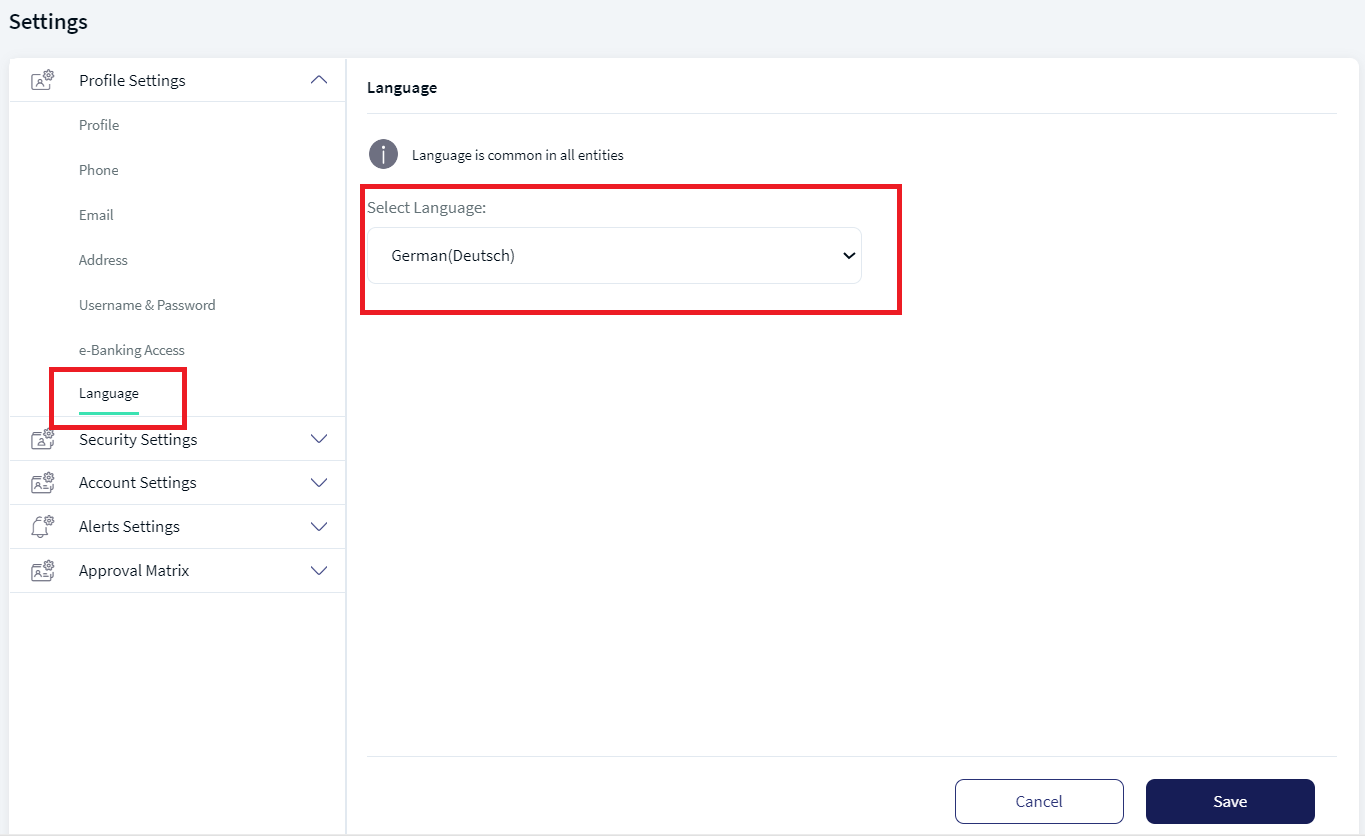 Change Language in profile settings page