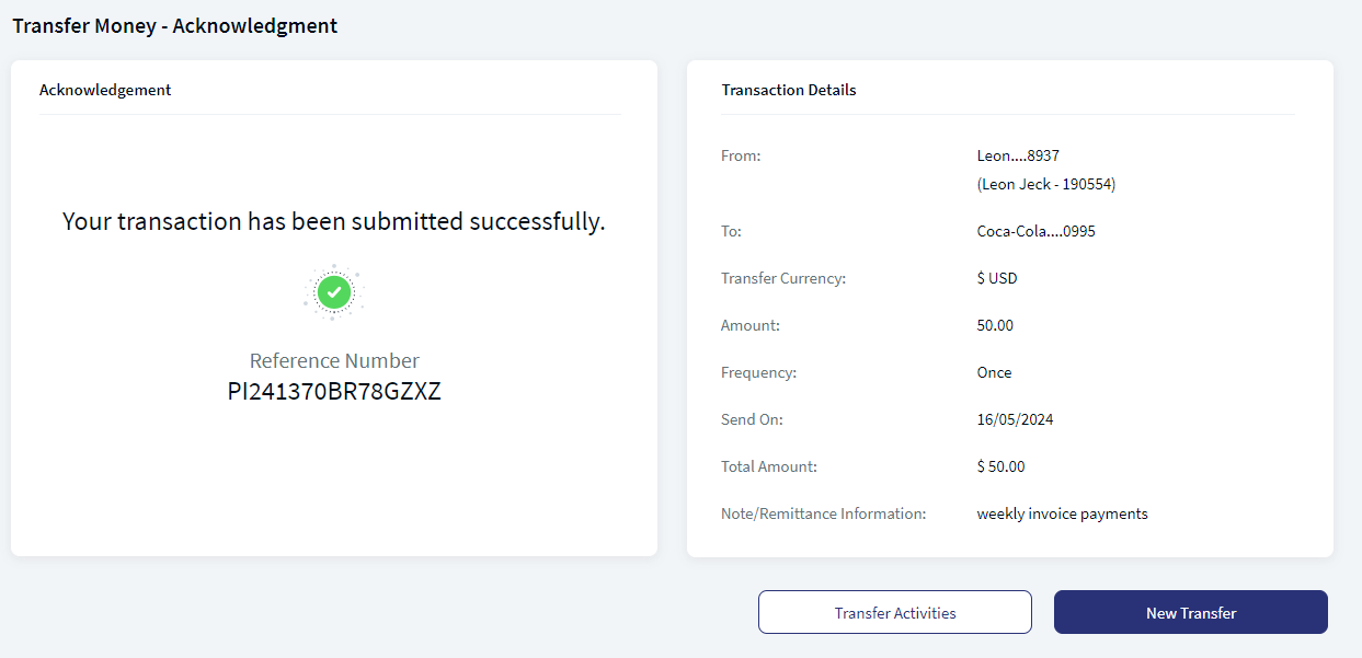 Existing Payee Transfer Acknowledgment