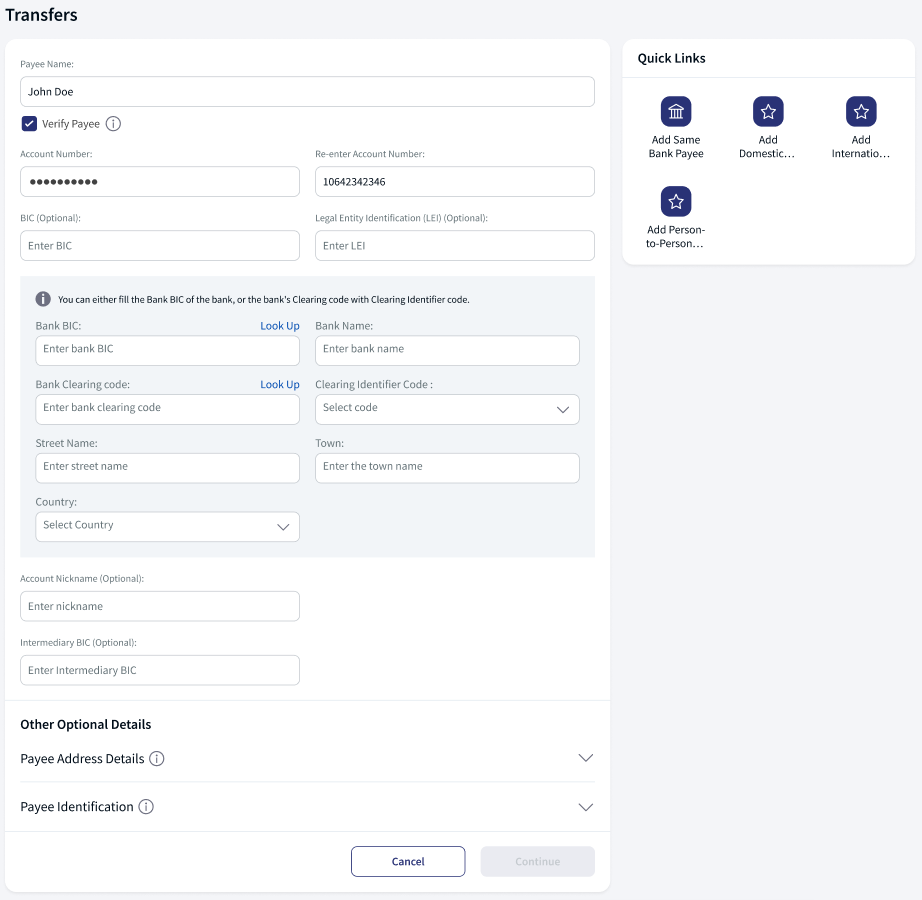 Add International Bank Payee
