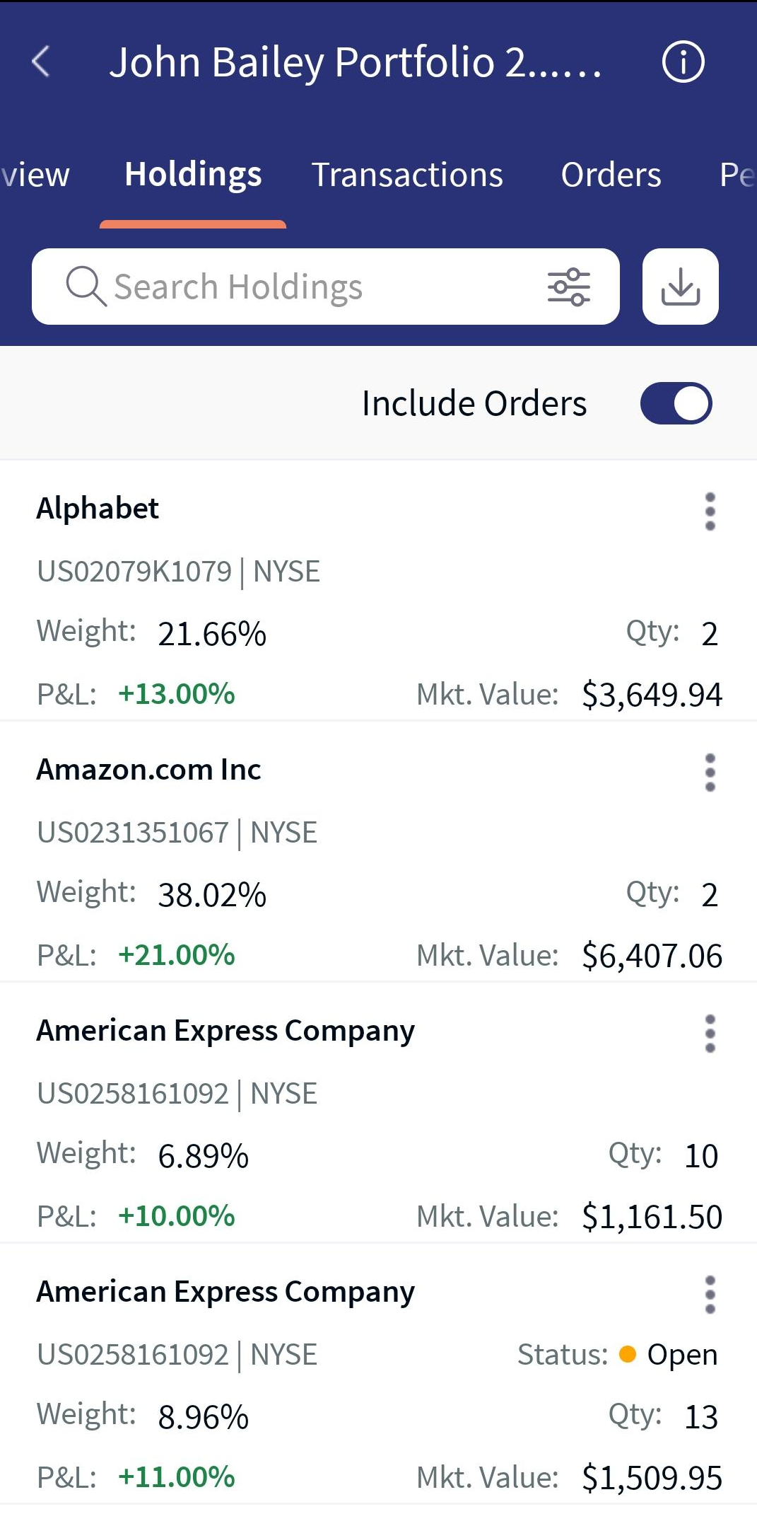 Holdings Include Orders