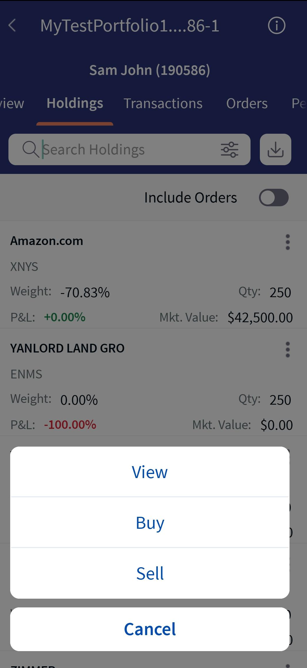 Holdings Options Holdings Options