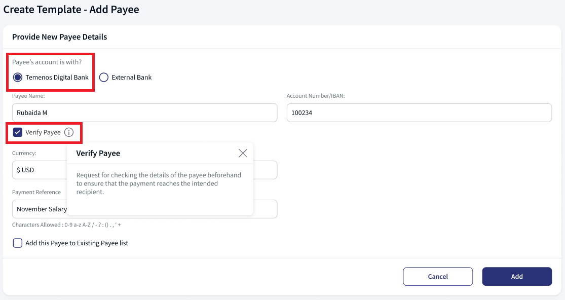 Add new payee flow