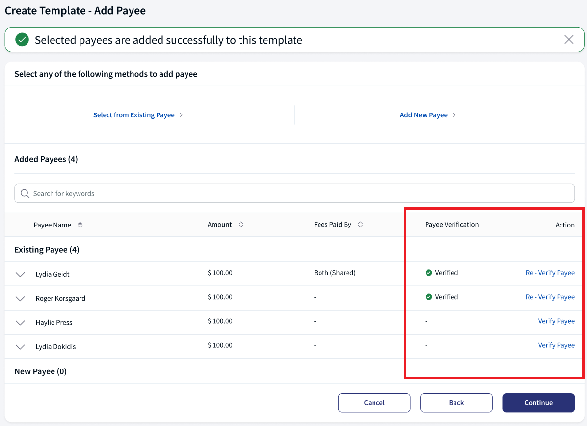 Add new payee flow