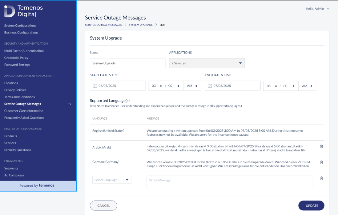Deactivate Service Outage Message