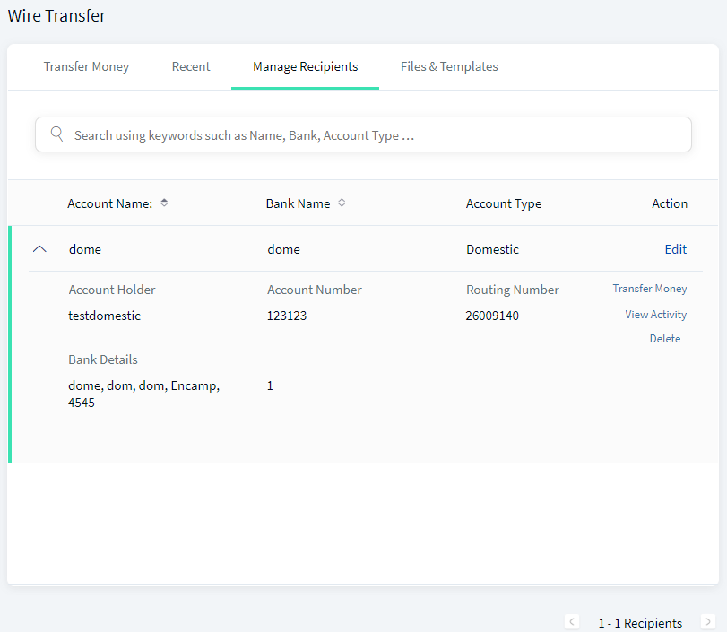 Wire Transfer - Manage Recipients